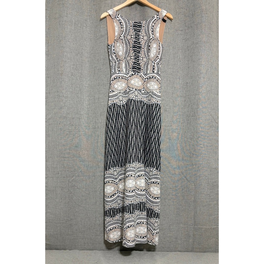 BCBGMAXAZRIA Dress 2 Brigetta Geometric Tribal Lace Fit & Flare Black Tan - Picture 2 of 14